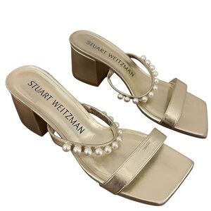 Stuart Weitzman Gold Pearl-Trim Block Heel Sandals